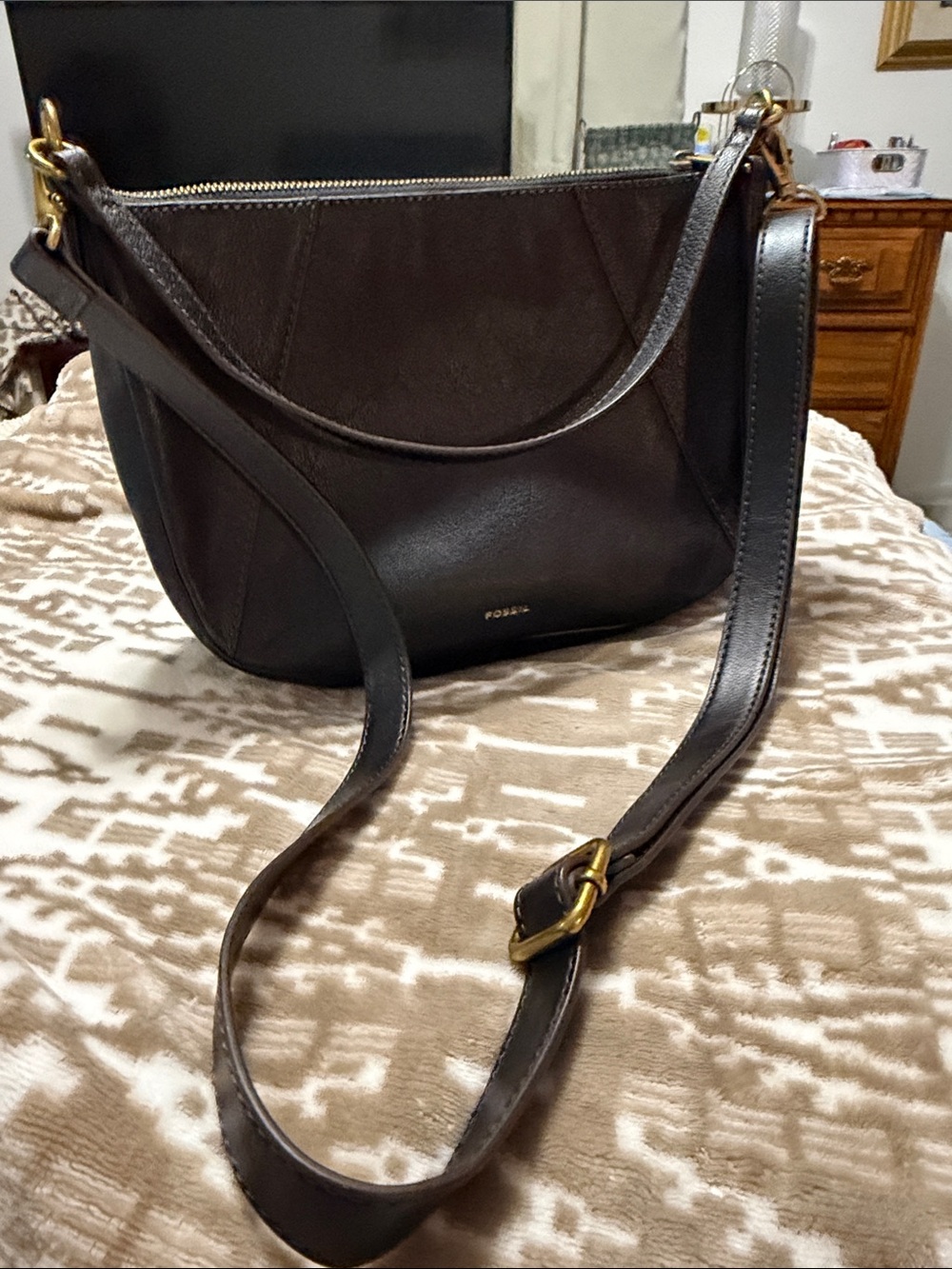 Fossil Dark Brown Leather Crossbody Bag with Gold Hardware